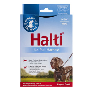 Halti No Pull Harness box, blue and red, with a dog wearing the harness.