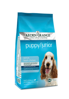 Blue Arden Grange puppy/junior dog food bag with a Cocker Spaniel, 12kg.
