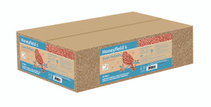 Honeyfield's Suet Fruity Pellet Box, brown cardboard, blue label, bird illustration, 12.6kg.