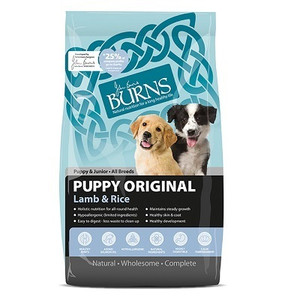 Burns Puppy Original Lamb & Rice dog food bag, featuring two puppies, blue and white design.