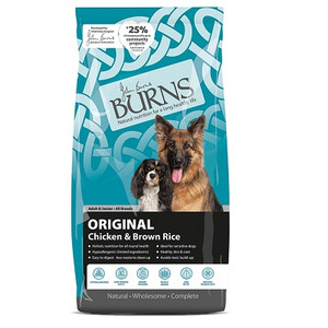 Dog food bag, Burns Original with Chicken & Brown Rice. Two dogs pictured. Blue and white packaging.