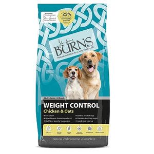 Dog food bag, Burns Weight Control Chicken & Oats, two dogs, blue and white packaging.
