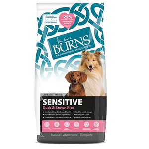 Burns Sensitive with Duck dog food bag, featuring two dogs, white and brown, and teal and white design.