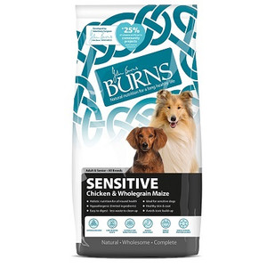 Dog food bag, Burns Sensitive with Chicken, white and teal, two dogs.