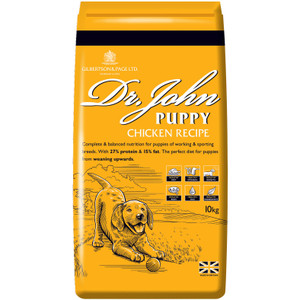 Yellow bag of Dr John Puppy Chicken Recipe dog food, with a puppy illustration.