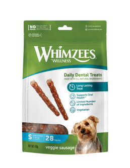 Green Whimzees veggie sausage dog treats packet, small size, with a dog.