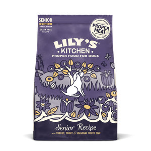 Purple dog food bag, Lily's Kitchen Senior Recipe, with dog illustration and floral design.