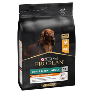 Dog food bag, black, with a dachshund, "Pro Plan" branding, "Small & Mini Adult" label.
