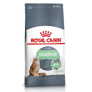 Royal Canin Digestive Care cat food bag, grey and white, with a cat illustration.