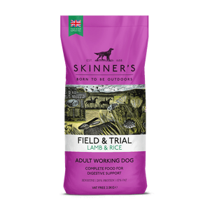 Pink dog food bag, Skinners Field & Trial, lamb & rice, illustration of dog, countryside scene.