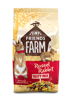Bag of rabbit food, brown and red, with two rabbits and farm illustration.