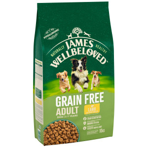 Green bag of James Wellbeloved grain-free adult dog food, lamb & vegetables, with dogs.