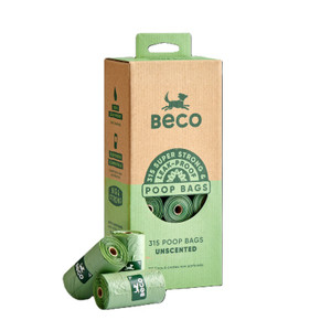 Green Beco poop bag box with rolls and logo, made of cardboard.