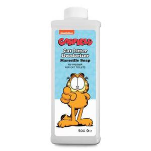 Garfield cat litter deodorizer bottle, white, with Garfield cartoon character, blue background.