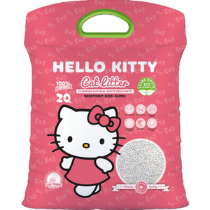 Pink Hello Kitty cat litter bag with green handle, white granules visible.