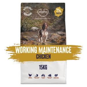 Dog food bag, brown and white, with a dog in a stream. "Working Maintenance Chicken" label, 15kg.