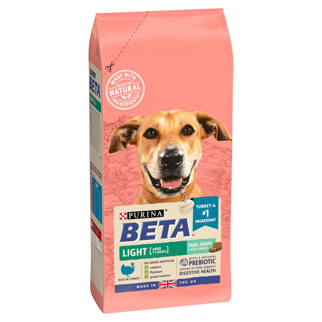 Pink dog food bag, Beta Adult Light, smiling dog, turkey ingredient, UK made.