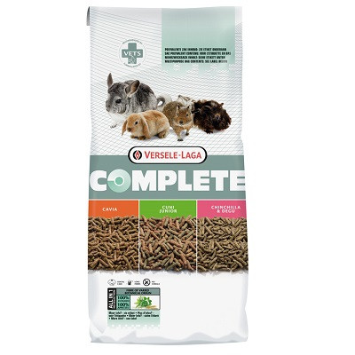 Versele Laga Cavia Complete pet food bag. White, green, and brown. Pellets shown.