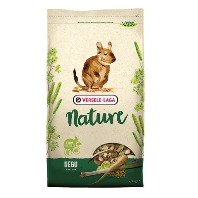 Versele Laga VL Nature Degu food bag. Beige, brown, green. Degu illustration, "Nature" text.