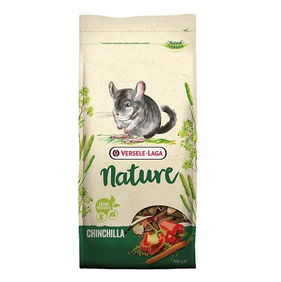 Bag of Versele Laga Nature Chinchilla food. Beige and green packaging with a chinchilla illustration and visible vegetables.