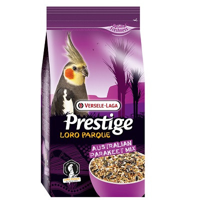 Bag of Versele-Laga Prestige Loro Parque Australian parakeet mix, purple and white, with a cockatiel illustration.