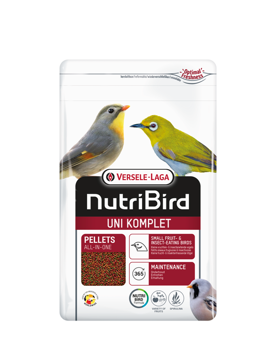 Bag of Versele-Laga NutriBird Uni Complete bird food. White bag with colourful birds and pellets.