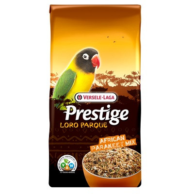 Bird food bag, brown, with a lovebird illustration, "Prestige Loro Parque" text, and seed mix image.