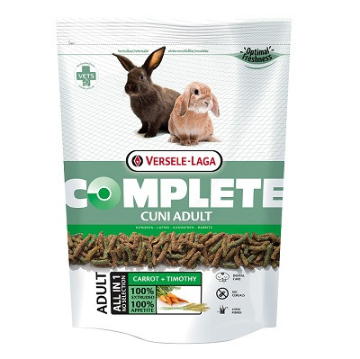 Bag of Versele Laga Complete Cuni Adult rabbit food. Green and white packaging, with rabbit image and pellets visible.