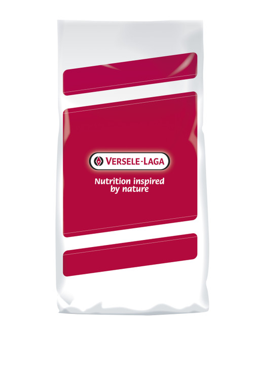 White bag, red panels, Versele Laga logo, "Nutrition inspired by nature" text.