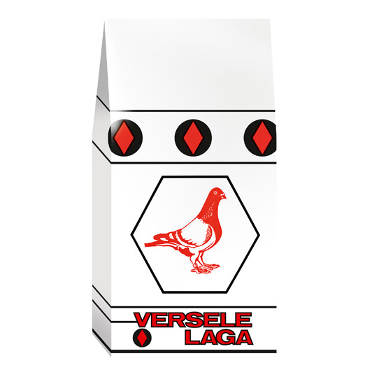 White Versele Laga bag with red pigeon graphic, black diamond accents, and "VERSELE LAGA" text.