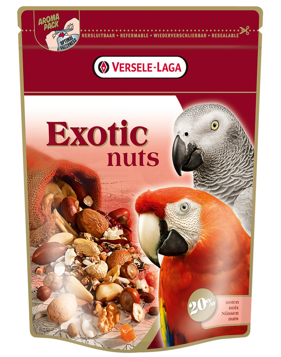 Bag of Versele Laga Exotic Nut Mix with parrots, nuts, and text. Red and brown packaging.