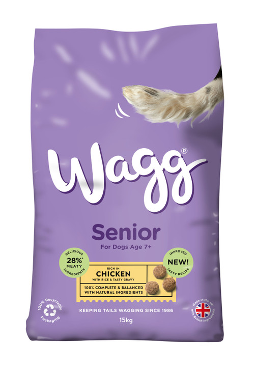 Purple Wagg Senior dog food bag, chicken flavour, with a dog's paw peeking in.