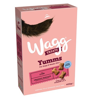 Pink Wagg Yumm s Liver dog treat box, with dog tail graphic, biscuits shown.