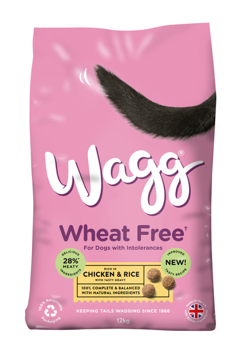 Pink dog food bag, Wagg Adult Wheat Free Chicken & Rice, black dog tail, dog food kibble.
