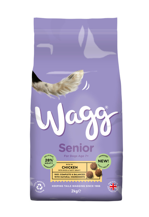 Purple Wagg Senior Chicken dog food bag, dog tail, kibble, "New!" label.