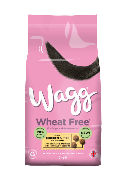 Pink Wagg Wheat Free dog food bag with a black dog tail, chicken and rice, 2kg.