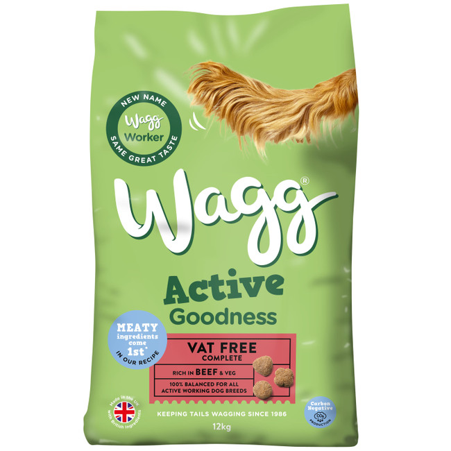 Green Wagg Active Goodness dog food bag, beef & veg, 12kg, with dog tail illustration.