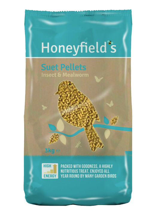 Honeyfield's suet pellets bag, teal and brown, bird-shaped graphic, 3kg.