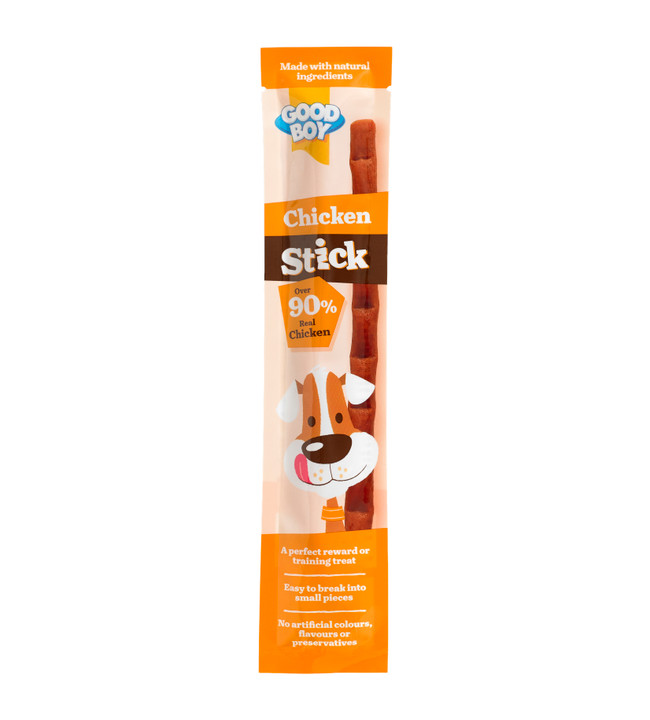 Good Boy Chicken Stick dog treat in a clear plastic wrapper; orange and brown packaging.