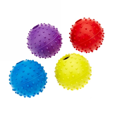 Four brightly coloured rubber pimple balls: purple, red, yellow, and blue.