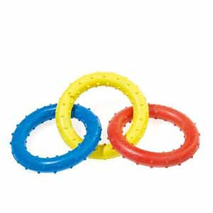 Three interlinked rubber rings, blue, yellow, and red, with textured surfaces.