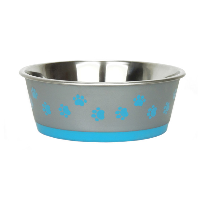 Blue and grey pet bowl with paw prints; stainless steel interior, rubber base.