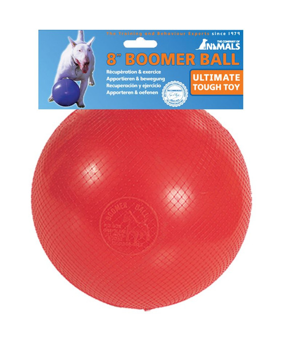 Red Boomer Ball dog toy with blue packaging, featuring a dog and product information.