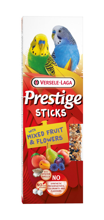 Versele-Laga Prestige Sticks for small parakeets, with mixed fruit and flowers, colourful packaging.