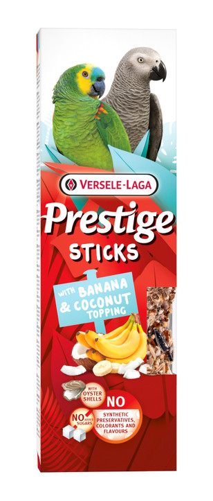 Versele-Laga parrot food box with two parrots, banana and coconut topping. Red, white, blue.