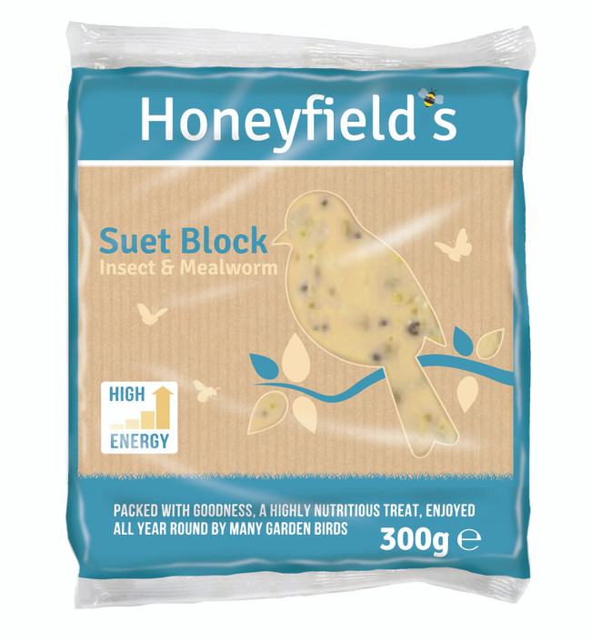 Honeyfield's suet block packaging, blue and brown, bird shape, insect & mealworm.