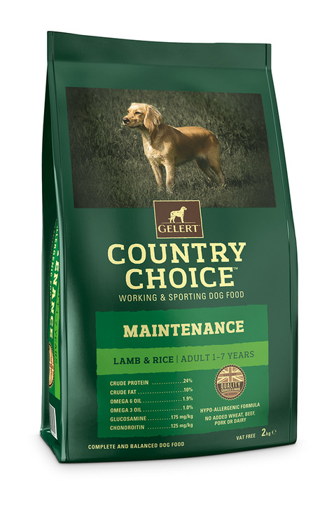 Green dog food bag, Gelert Country Choice, lamb and rice, dog on front, dark green, text.