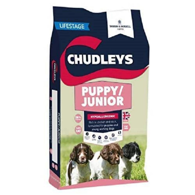 Chudleys Puppy/Junior dog food bag, blue, pink, and white, with puppies.