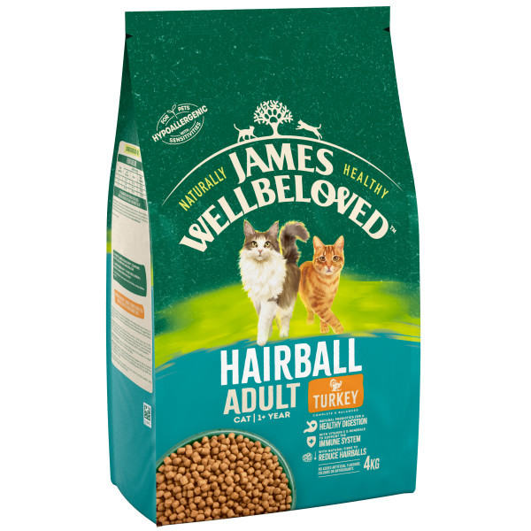Green and white James Wellbeloved cat food bag, featuring two cats and the words "Hairball Adult Turkey".