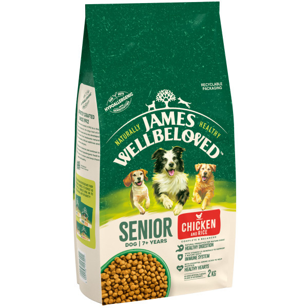 Green dog food bag, James Wellbeloved Senior Chicken & Rice, with dog illustrations.